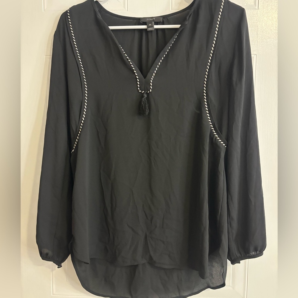 J. Crew Black V-Neck Tassel Tunic with Contrast Braid